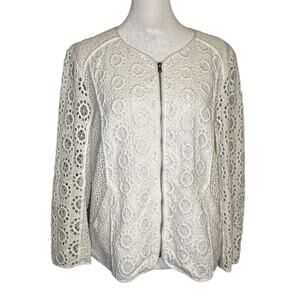 Trina Turk white eyelet crochet lace zip up jacket